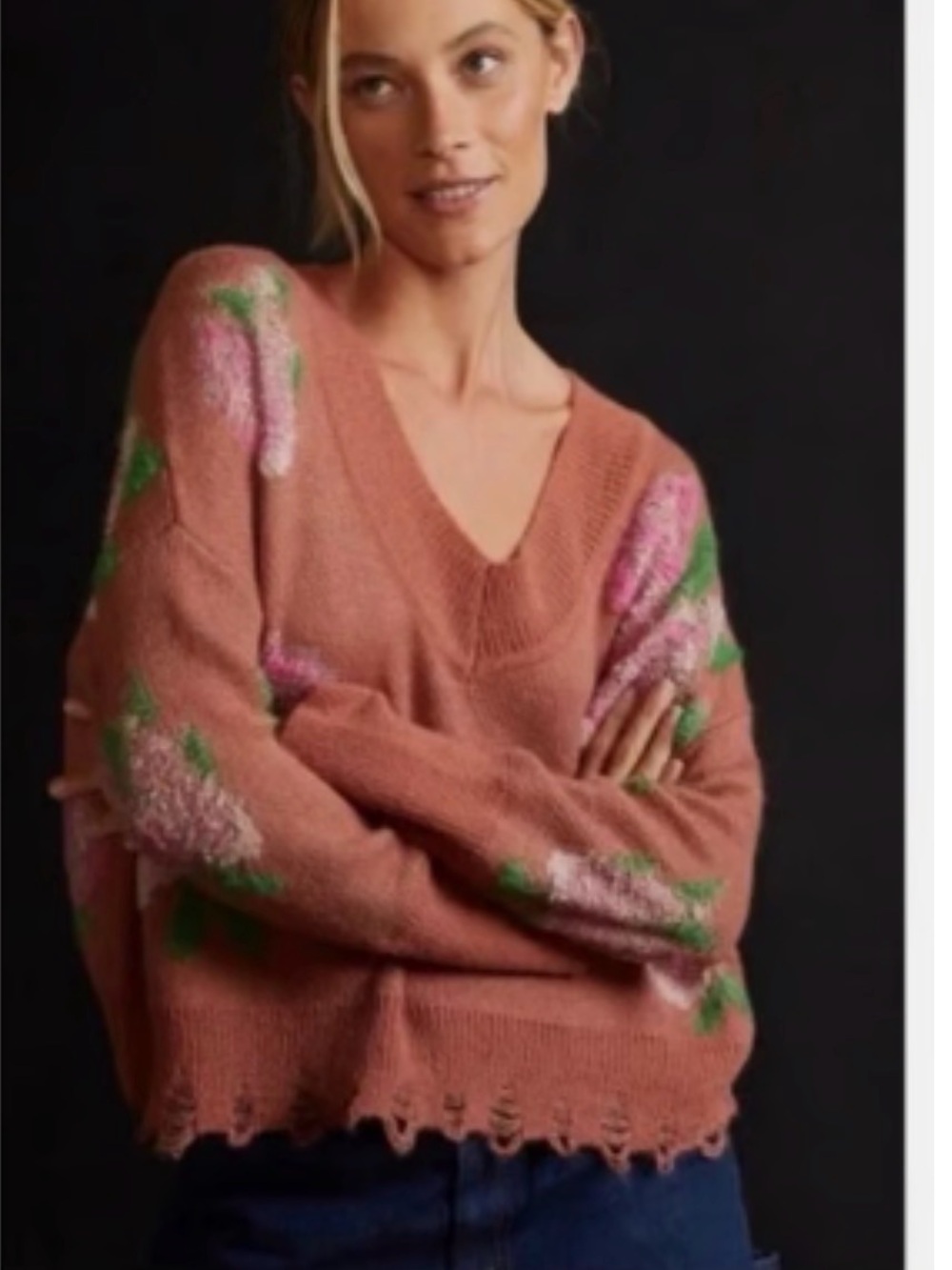 Anthropologie slouchy oversized sweater floral distressed hem sz XS pink boxy